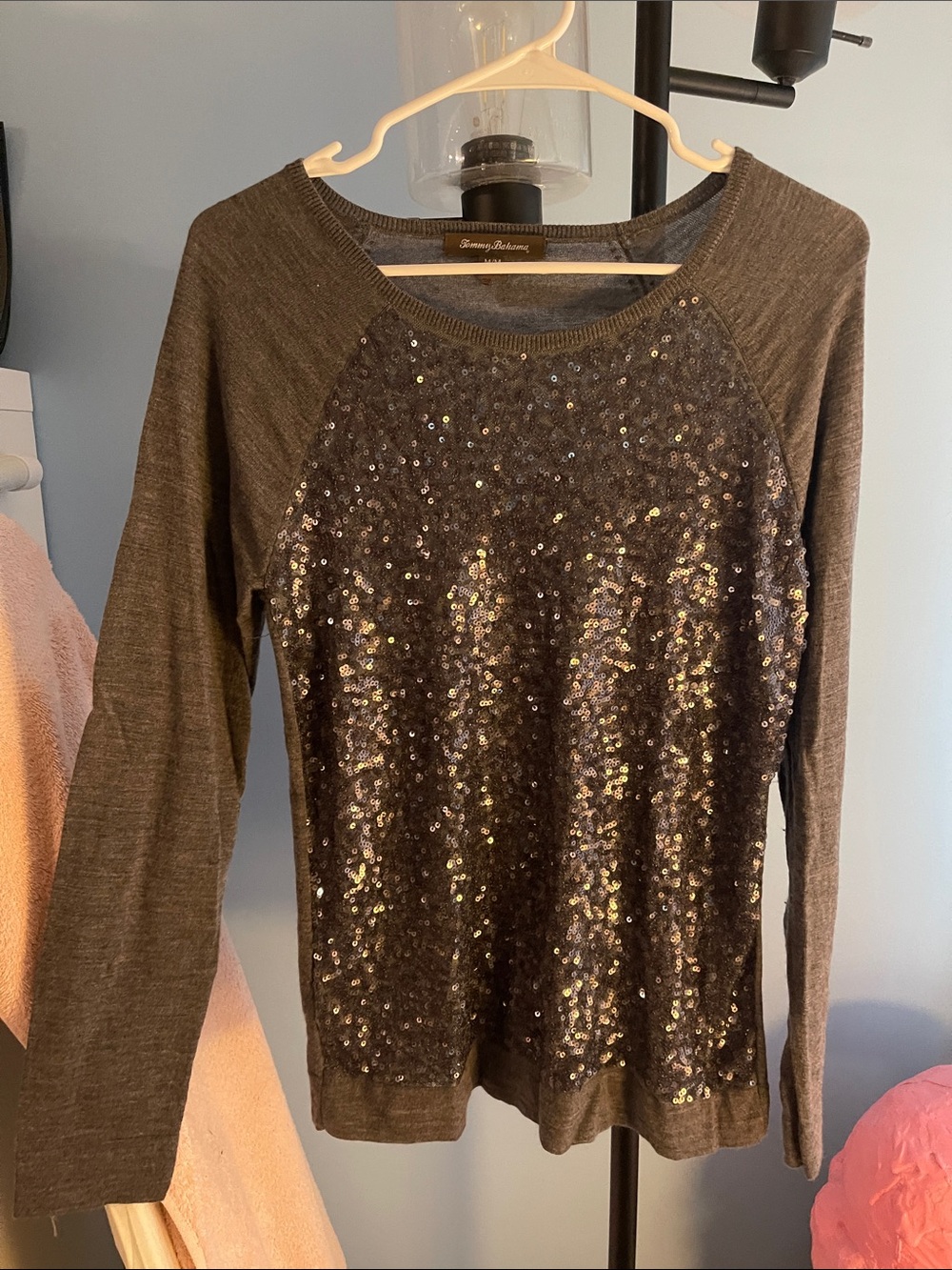 Tommy Bahama Brown Sequin Front Long Sleeve Top